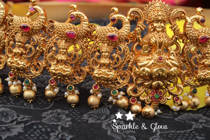 Antic polished nagas, lakshmi and peacock design hipbelt with real kemp stones