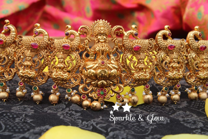 Antic polished nagas, lakshmi and peacock design hipbelt with real kemp stones