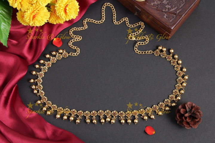 Gold alike rose flower gold beads hipchain