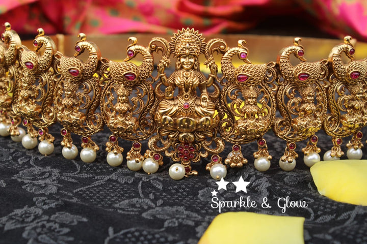 Antic polished nagas, lakshmi and peacock design hipbelt with real kemp stones