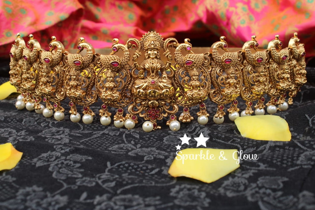 Antic polished nagas, lakshmi and peacock design hipbelt with real kemp stones