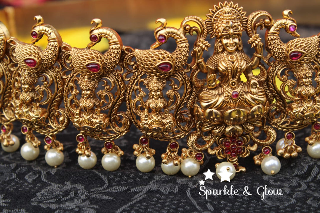 Antic polished nagas, lakshmi and peacock design hipbelt with real kemp stones