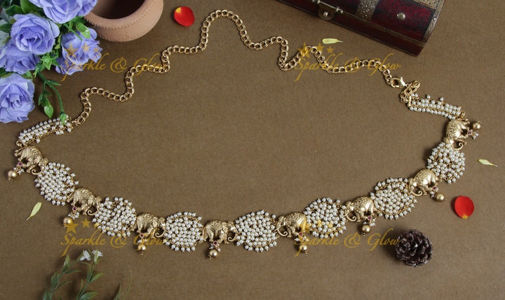 Beautiful pearl cluster elephant carved hipchain