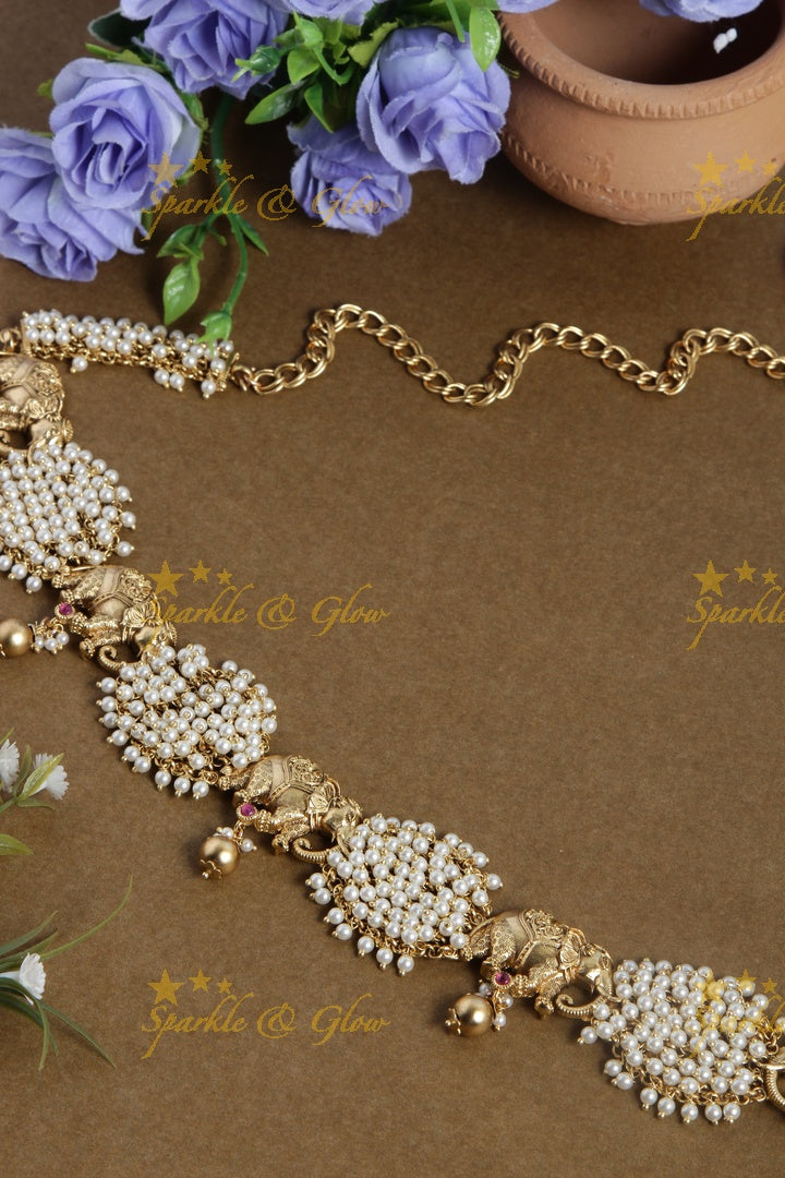 Beautiful pearl cluster elephant carved hipchain