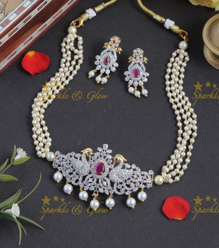 Glittering peacock GJ polish pearl choker - pink