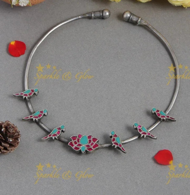 Beautiful silver parrot lotus jadau pendent hasli necklace - Pink - Sparkle and Glow