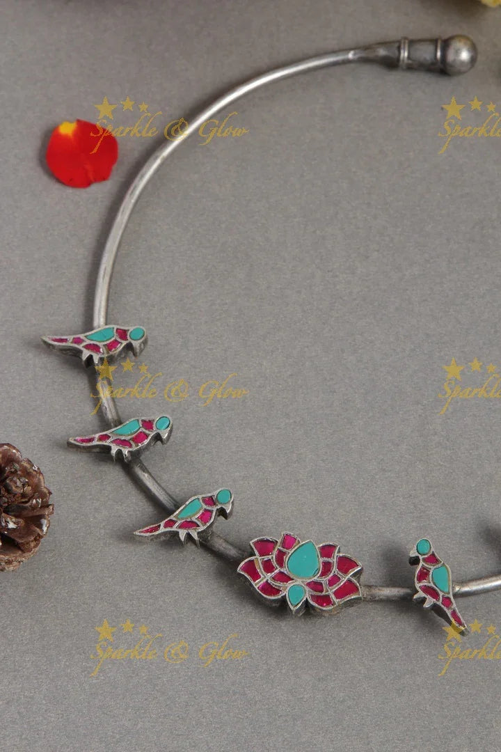 Beautiful silver parrot lotus jadau pendent hasli necklace - Pink - Sparkle and Glow