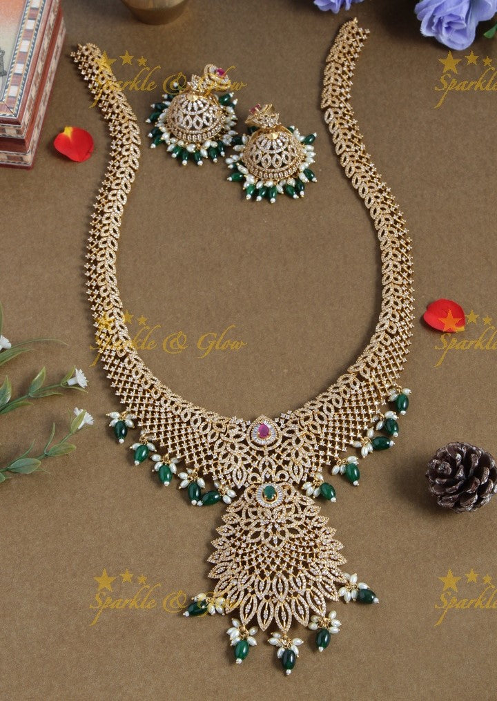 Glorious AD bridal long necklace with green beads