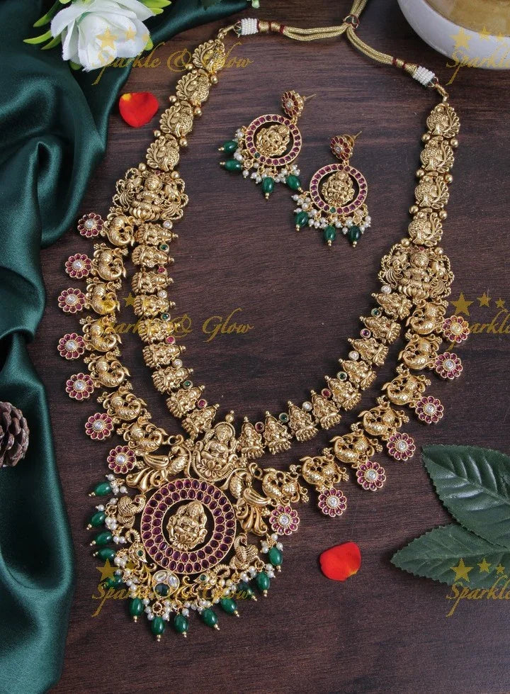 Intricately carved two layer peacock lakshmi bridal green beads long necklace - Sparkle and Glow