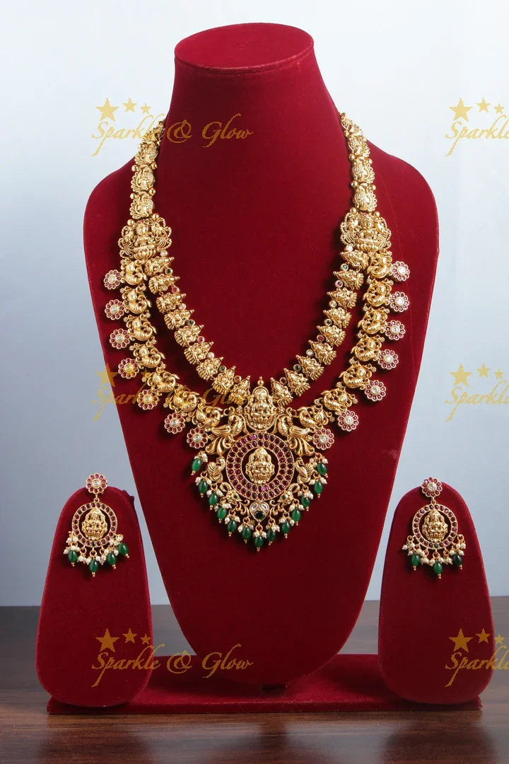 Intricately carved two layer peacock lakshmi bridal green beads long necklace - Sparkle and Glow