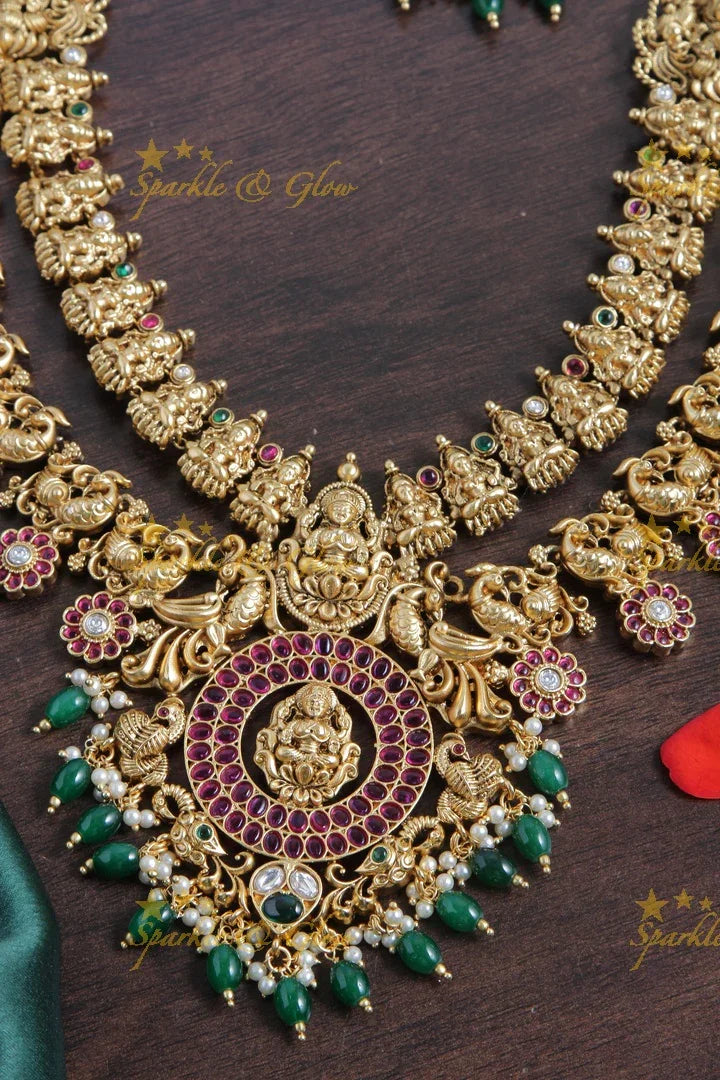 Intricately carved two layer peacock lakshmi bridal green beads long necklace - Sparkle and Glow
