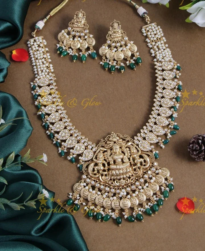 Glittering lakshmi carved mango lakshmi coin long necklace - White Pearl Green - Sparkle and Glow