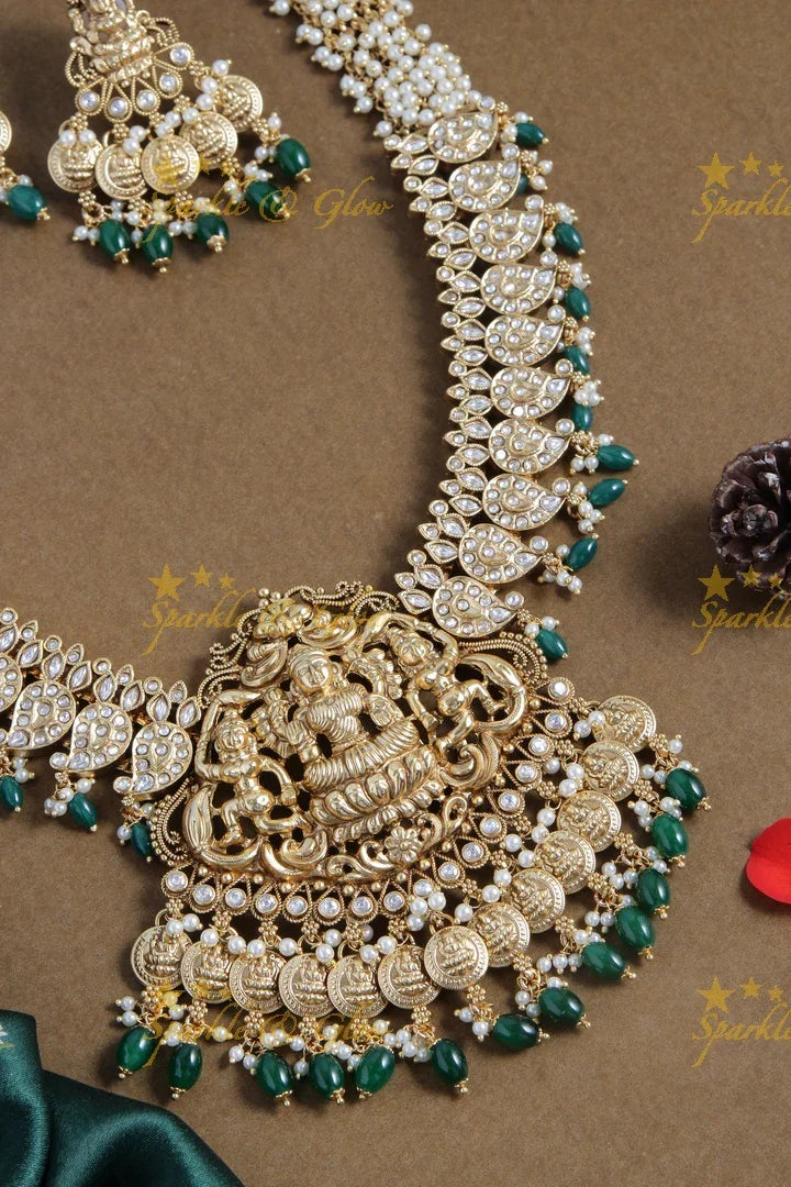 Glittering lakshmi carved mango lakshmi coin long necklace - White Pearl Green - Sparkle and Glow