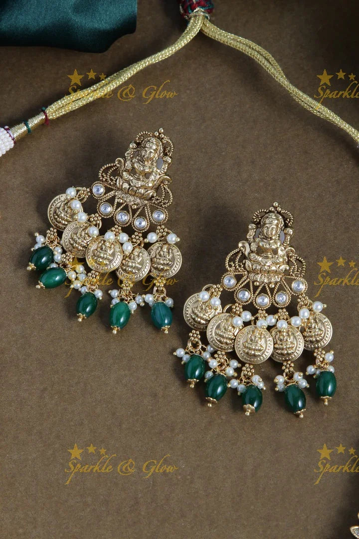 Glittering lakshmi carved mango lakshmi coin long necklace - White Pearl Green - Sparkle and Glow