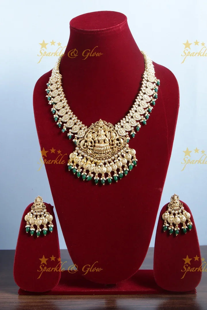 Glittering lakshmi carved mango lakshmi coin long necklace - White Pearl Green - Sparkle and Glow