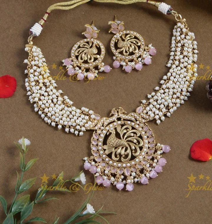 Gold alike short pearl cluster peacock necklace - gold - Sparkle and Glow