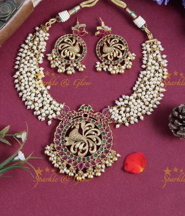 Gold alike short pearl cluster peacock necklace - gold - Sparkle and Glow