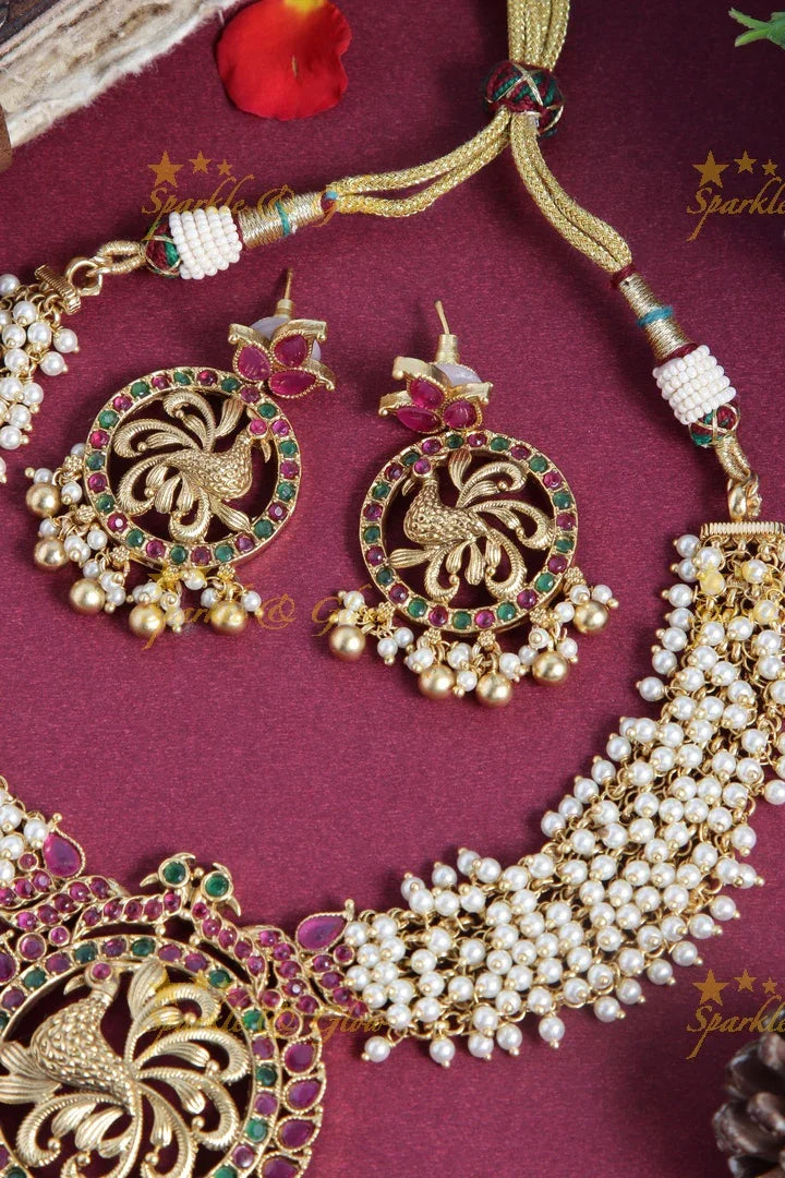 Gold alike short pearl cluster peacock necklace - gold - Sparkle and Glow