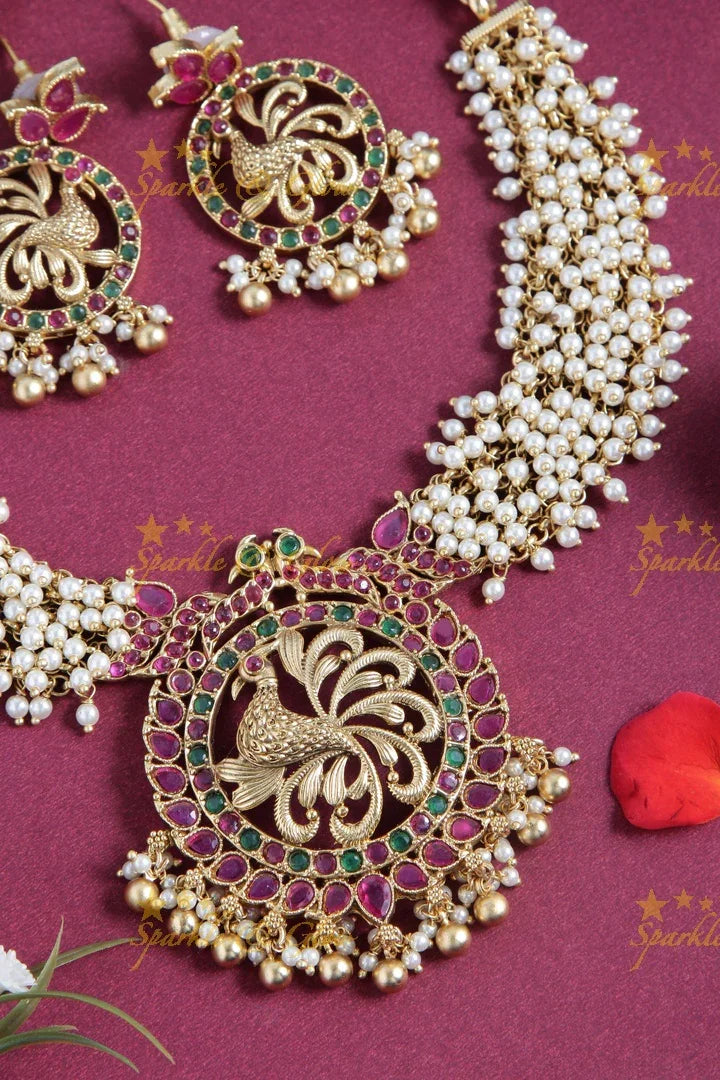 Gold alike short pearl cluster peacock necklace - gold - Sparkle and Glow