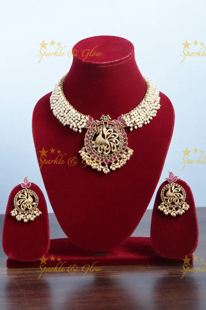 Gold alike short pearl cluster peacock necklace - gold - Sparkle and Glow