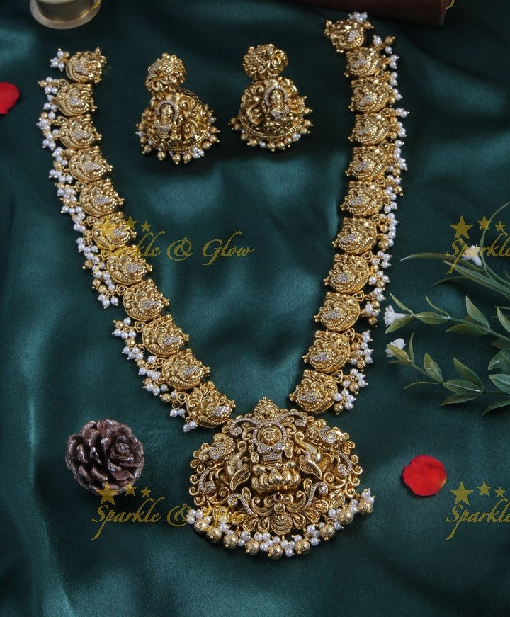 Gold alike dancing peacock lakshmi pendent long necklace