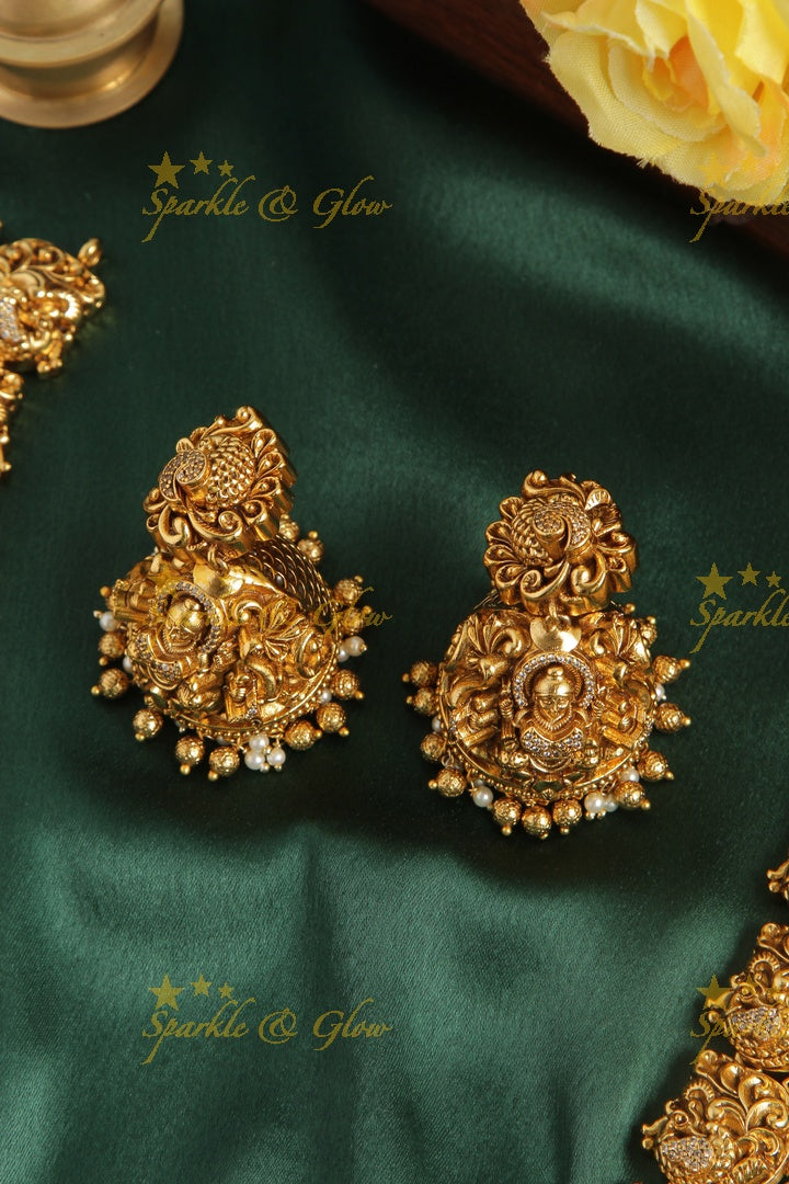 Gold alike dancing peacock lakshmi pendent long necklace
