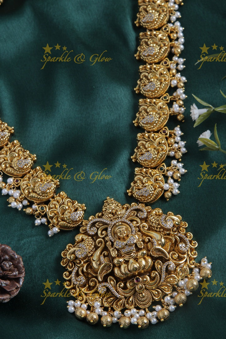 Gold alike dancing peacock lakshmi pendent long necklace