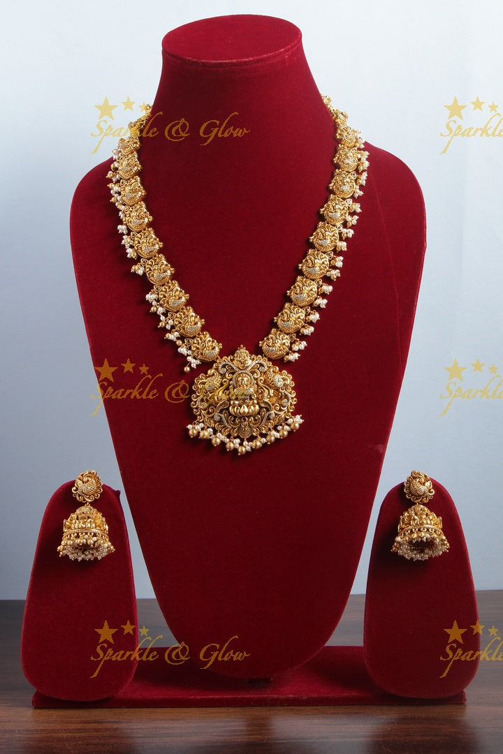 Gold alike dancing peacock lakshmi pendent long necklace