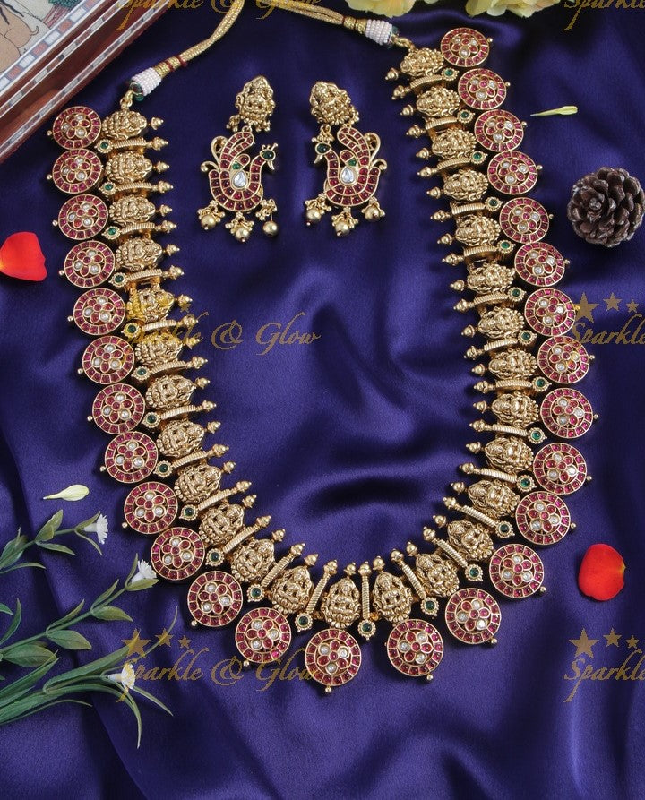 Glorious lakshmi carved floral bottu long necklace - Pink