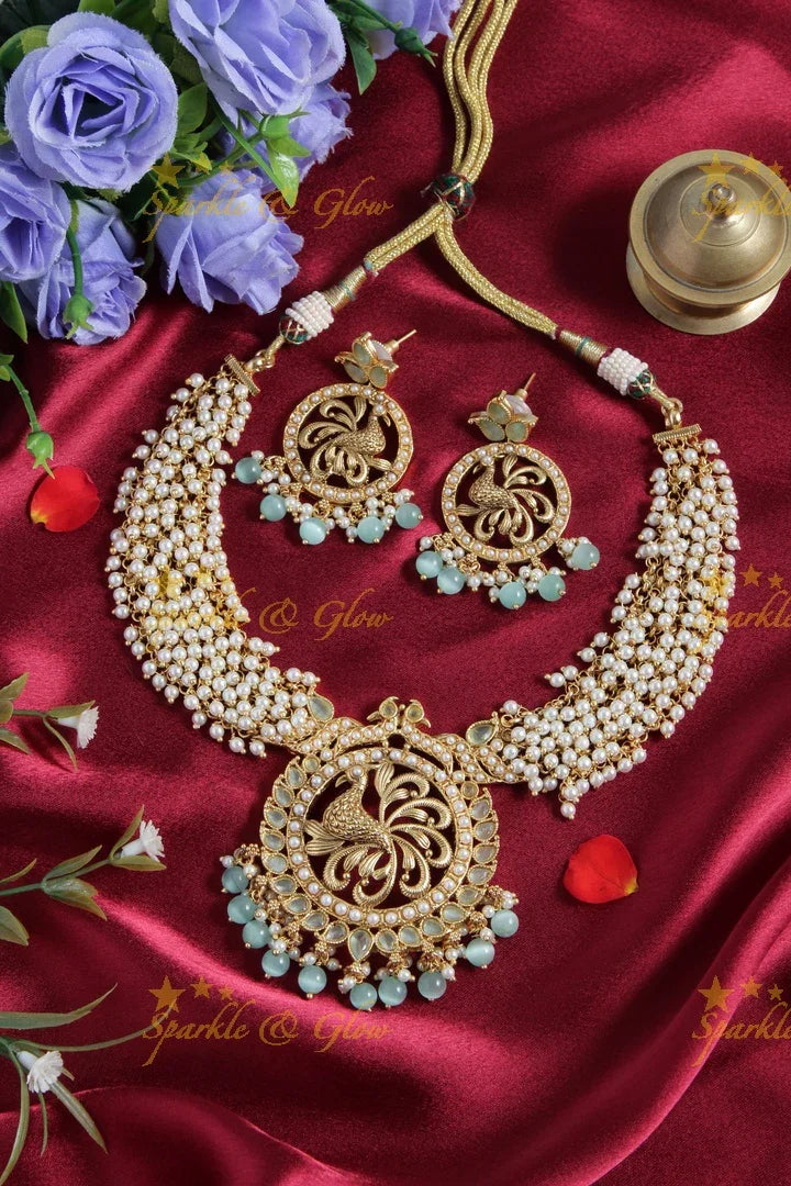 Gold alike short pearl cluster peacock necklace - gold - Sparkle and Glow