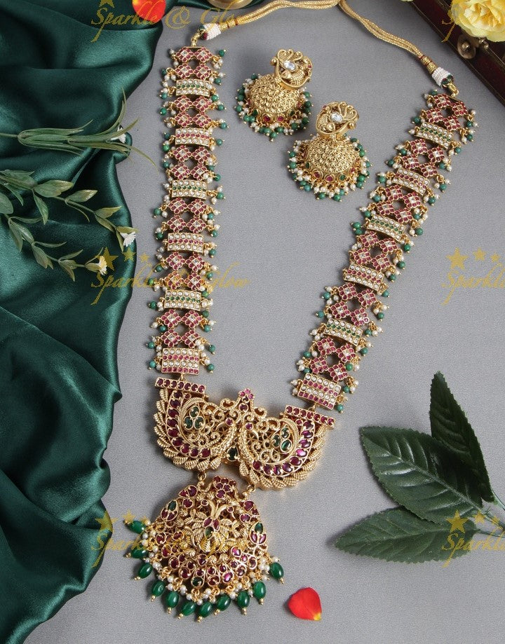 Intricate design gold alike kemp long bridal necklace with green beads