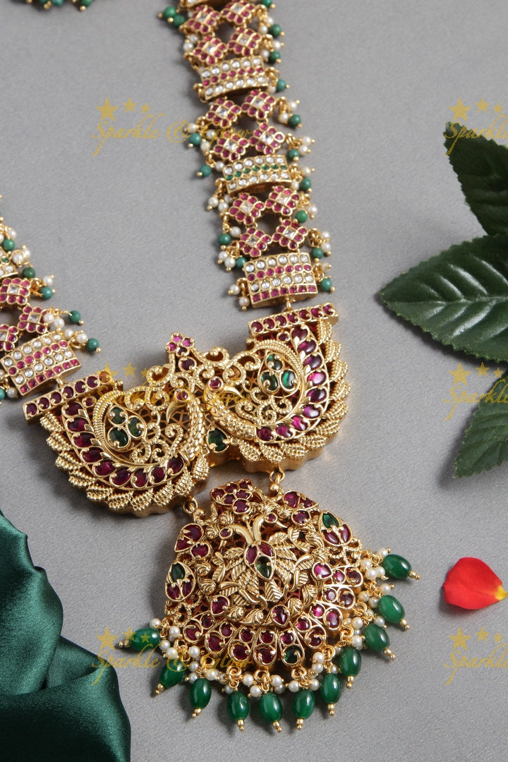 Intricate design gold alike kemp long bridal necklace with green beads