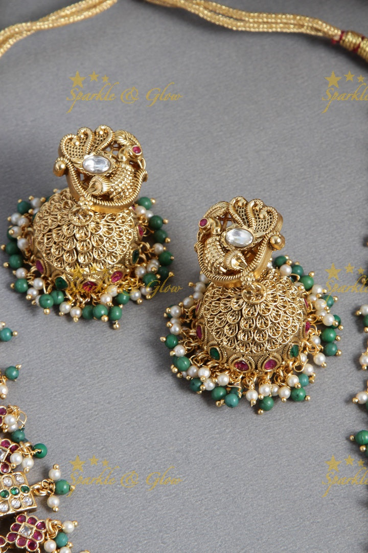 Intricate design gold alike kemp long bridal necklace with green beads
