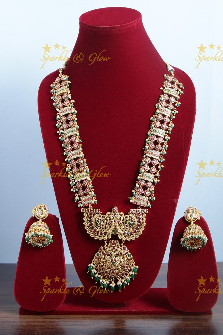 Intricate design gold alike kemp long bridal necklace with green beads