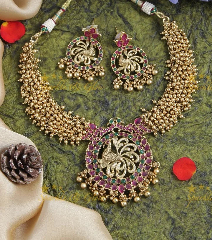 Gold alike short pearl cluster peacock necklace - gold - Sparkle and Glow