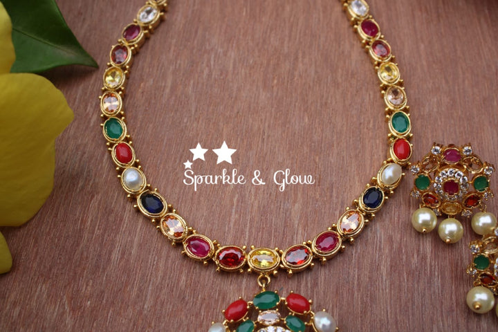 Gold polished navarathna necklace