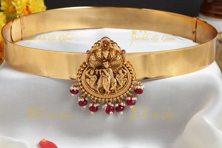 Premium Matt lord krishna carved pink beads hipbelt