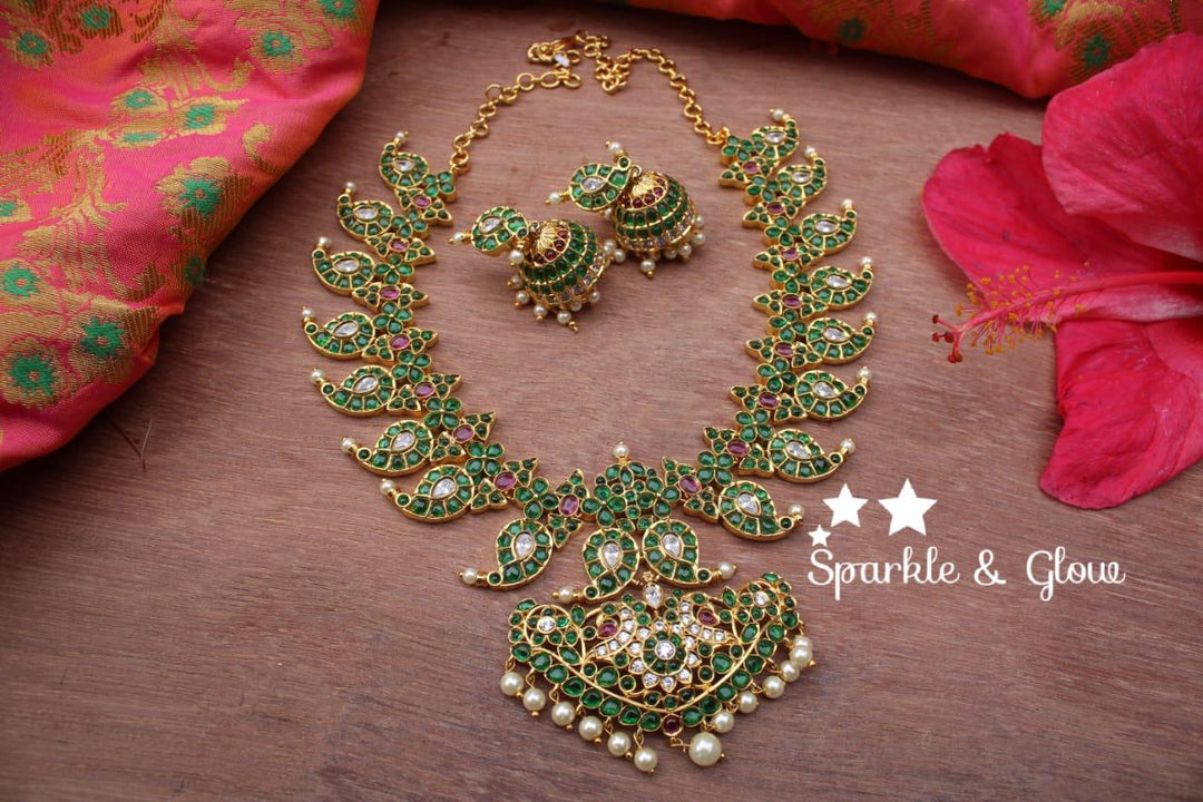 Emerald and uncut polki stones mango necklace - Sparkle and Glow