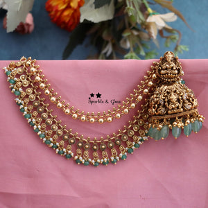 Antique Mahalakshmi Jhumukas with Mintgreen Beads Earchain Set