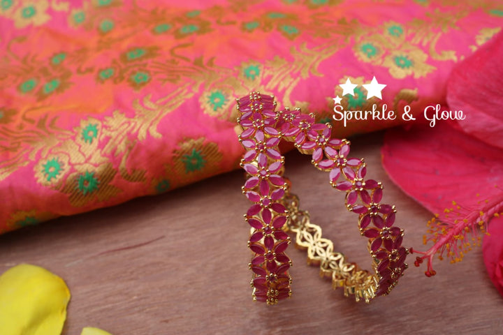 Pink ruby like stones flower bangles set of two