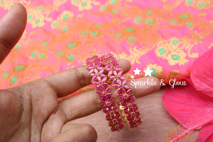 Pink ruby like stones flower bangles set of two