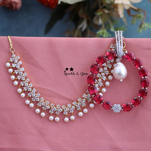 Rhodium Polished Zircon Hoop Earrings with Elegant Floral American Diamond Earchain and Pearls