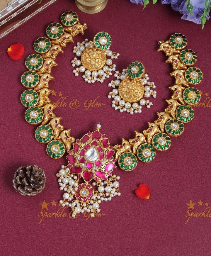 Jadau kundan Lotus floral mid length mid length haram - Ready TO ship - Sparkle and Glow