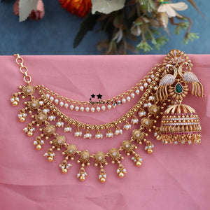 Gold Peacock Jhumka with Pearl Mattal Bridal Set