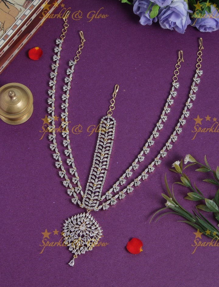 Glittering AD stone floral leaf branch maang tikka