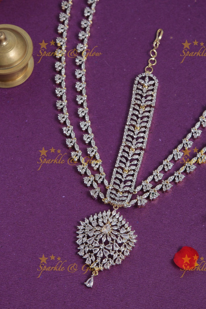 Glittering AD stone floral leaf branch maang tikka