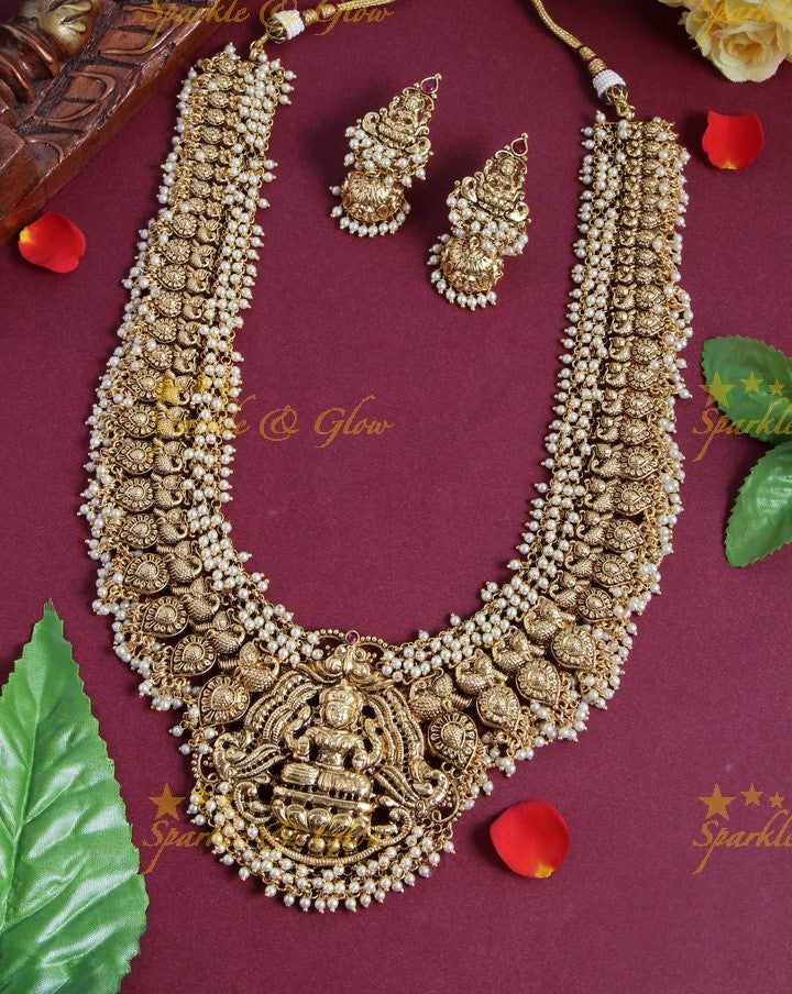 Gold alike exquisite Peacock Lakshmi carved mango haram with gold beads