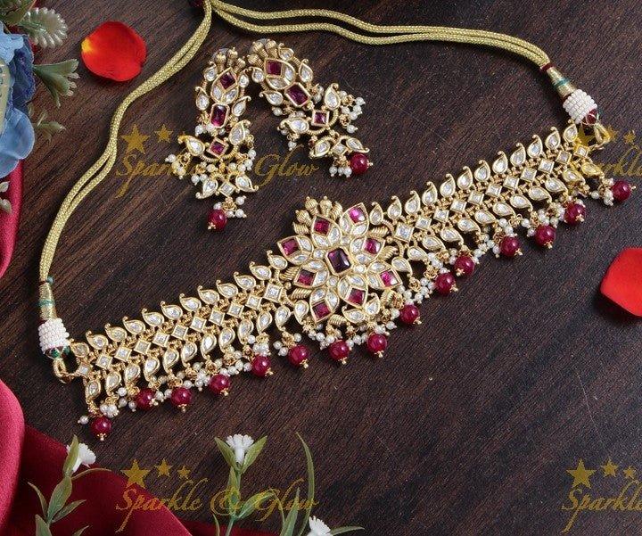 Gold alike floral choker with kundan stones with pink bead drops - Sparkle and Glow