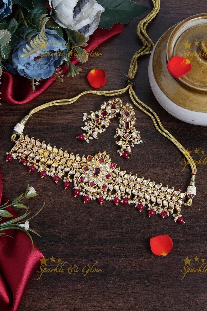 Gold alike floral choker with kundan stones with pink bead drops - Sparkle and Glow