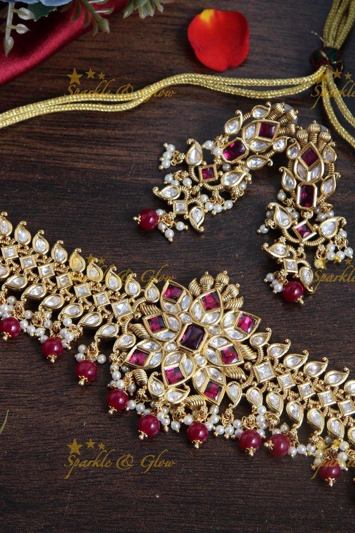Gold alike floral choker with kundan stones with pink bead drops - Sparkle and Glow